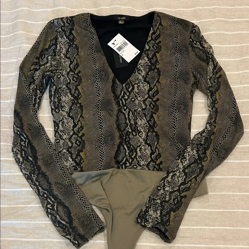 AFRM Olive and Black Snake Print V-Neck Bodysuit - Picture 3 of 4